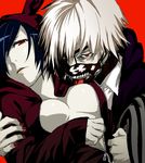  1girl arizuka_(catacombe) blue_hair breasts grey_hair hetero highres hood hoodie kaneki_ken kirishima_touka licking mask medium_breasts nail_polish red_eyes short_hair tokyo_ghoul tongue tongue_out unzipped 