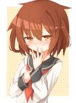  blush brown_eyes brown_hair hair_ornament hairclip hand_on_own_chest hand_to_own_mouth ikazuchi_(kantai_collection) kantai_collection long_sleeves looking_at_viewer machinery neckerchief rateratte red_neckwear sailor_collar school_uniform serafuku short_hair smile solo upper_body 