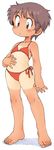  bare_arms bare_legs barefoot bikini blush brown_eyes eyebrows_visible_through_hair feet flat_chest full_body hand_on_own_stomach messy_hair oyatsu_(mk2) purple_hair red_bikini short_hair side-tie_bikini solo standing swimsuit tan tanline toes white_background 