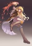  ahoge bike_shorts blonde_hair bojue_yu_yaojing_695657 boots breasts clenched_hand fingerless_gloves fire gloves gradient gradient_background long_hair medium_breasts puffy_sleeves purple_eyes rwby solo wavy_hair weapon yang_xiao_long 