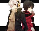  back-to-back black_hair bookcage can coat headphones jacket kagerou_project kisaragi_shintarou konoha_(kagerou_project) letterboxed lowres male_focus multiple_boys open_mouth red_eyes scarf scarf_over_mouth shirt striped striped_shirt winter_clothes 