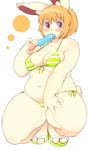  akitaka bikini chubby cleavage clothed clothing crouching female lagomorph looking_at_viewer mammal open_mouth popsicle rabbit solo swimsuit thick_thighs tongue tongue_out 