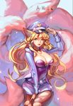  ahri alternate_costume alternate_eye_color alternate_hair_color animal_ears ask_(dreaming_cat) bangs belt between_legs black_legwear blonde_hair blue_eyes bow breasts character_name cleavage cosplay cowboy_shot facial_mark fox_ears fox_girl fox_tail girls'_generation hair_between_eyes hand_between_legs hand_up hat hat_bow hat_tip heart idol jacket jewelry large_breasts league_of_legends long_hair looking_at_viewer miniskirt multiple_tails necklace open_clothes open_jacket pantyhose parted_lips peaked_cap pendant popstar_ahri side_slit sideboob skirt smile solo sparkle tail torn_clothes torn_legwear very_long_hair wavy_hair whisker_markings 