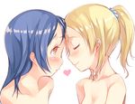  ayase_eli blonde_hair blue_hair blush brown_eyes closed_eyes face-to-face forehead-to-forehead hair_down heart long_hair looking_at_another love_live! love_live!_school_idol_project mikage_sekizai multiple_girls nude out-of-frame_censoring simple_background smile sonoda_umi white_background yuri 