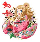  1girl bag blonde_hair blue_eyes blush flower gambler_club hair_ornament japanese japanese_clothes kimono open_mouth pokemon pokemon_(game) pokemon_xy ponytail serena_(pokemon) smile 