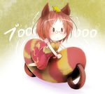  animal_ears bespectacled bikuseno brown_hair chibi futatsuiwa_mamizou glasses green_background leaf leaf_on_head pince-nez raccoon_ears raccoon_tail riding short_hair skirt solo tail touhou 