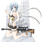  ammunition anti-materiel_rifle armpits bare_shoulders barefoot belt blue_eyes blue_hair breast_press breasts buckle bullet cartridge cleavage full_body gun kneeling medium_breasts pgm_hecate_ii rifle scarf short_shorts shorts sinon sniper_rifle stone_wall sword_art_online toes tomosuke wall weapon 