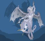  2014 blue_eyes blue_theme bracelet clothed clothing dancing dragon facial_piercing female hair horn jewelry long_hair looking_at_viewer nose_piercing nose_ring piercing plain_background rentham skimpy smile solo thick_tail white_hair wings 