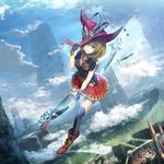  boots fantasy flying gloves hat highres kouji_(astral_reverie) monolith_(object) original over-kneehighs pleated_skirt red_skirt skirt thighhighs witch witch_hat zettai_ryouiki 