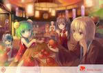  5girls black_eyes black_hair blue_eyes blurry brown_eyes brown_hair depth_of_field double_bun drinking drinking_straw green_eyes green_hair hair_bun hair_ornament holding lino-lin long_hair multiple_boys multiple_girls pixiv_fantasia pixiv_fantasia_5 pomo_(lino-lin) short_hair sitting tomato trigard_empire twintails 