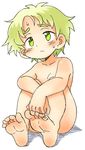  barefoot feet full_body green_eyes green_hair nude oyatsu_(mk2) shadow short_hair simple_background sitting soles solo sweatdrop toes white_background 