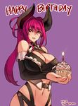  bare_shoulders birthday_cake borrowed_character breasts cake cleavage cleavage_cutout cupcake cupping_hands demon_girl detached_sleeves food hair_intakes happy_birthday heart heart-shaped_pupils horns huge_breasts junkpuyo lips long_hair navel original parted_lips purple_background red_hair smile solo symbol-shaped_pupils tsunoko 