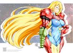  arm_cannon armor artist_name bangs blonde_hair blue_eyes bodysuit breasts breasts_apart cowboy_shot floating_hair from_side hair_over_one_eye half-closed_eyes hand_on_hip highres impossible_bodysuit impossible_clothes ivo_naldo large_breasts long_hair looking_at_viewer metroid power_armor samus_aran shadow sky space star_(sky) starry_sky turtleneck varia_suit very_long_hair watermark weapon web_address zero_suit 