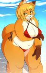  akitaka bikini canine chubby cleavage clothed clothing female fox looking_at_viewer mammal outside sea solo standing swimsuit thick_thighs water wide_hips 