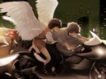  1girl blurry brown_hair city cityscape closed_eyes commentary feathered_wings feathers ground_vehicle highres mishima_lisa motor_vehicle motorcycle night short_hair smile tears twelve_(zankyou_no_terror) wings wkn_kzh zankyou_no_terror 