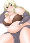  blonde_hair blush bra breasts bridal_gauntlets come_hither fat green_eyes hand_on_own_stomach huge_breasts katou_(katohayabusa) loincloth long_hair midriff navel original smile solo thick_thighs thighs underwear very_long_hair 
