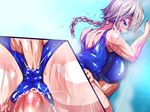  1boy 1girl anus blue_eyes blush braid breasts censored double_penetration fingering highres huge_breasts male_hand mosaic_censoring penis see-through sex shiny shiny_skin silver_hair smile swimsuit thick_thighs thighs totoya vaginal wet 