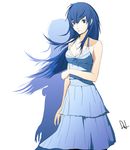  blue_eyes blue_hair commentary dh_(brink_of_memories) dress english_commentary hair_between_eyes highres jewelry long_hair necklace persona persona_4 persona_x_detective shadow shirogane_naoto signature solo sundress white_background 