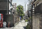  cityscape colored_pencil_(medium) dated day hayashi_ryouta no_humans original outdoors photorealistic real_world_location scenery signature tokyo_(city) traditional_media vending_machine 