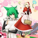  ahoge alice_margatroid animal_ears apron bare_shoulders basket big_bad_wolf big_bad_wolf_(cosplay) big_bad_wolf_(grimm) blonde_hair blue_eyes bodysuit breasts capelet cosplay elbow_gloves fangs flower gloves green_hair highres hood impossible_clothes kazami_yuuka kemonomimi_mode lace large_breasts little_red_riding_hood little_red_riding_hood_(grimm) little_red_riding_hood_(grimm)_(cosplay) mattari_yufi multiple_girls pantyhose red_capelet red_eyes short_hair skin_tight skirt smile touhou vest waist_apron white_legwear wolf_ears 