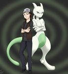  2014 ambiguous_gender brown_hair clothed clothing eyebrows green_hair hair human itsuko103 legendary_pok&eacute;mon looking_at_viewer male mammal mewtwo nintendo nude pok&eacute;mon pok&eacute;mon_trainer standing video_games 