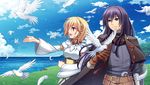  1girl bird blonde_hair blue_eyes boris_jinneman cape children_of_the_rune cloud day gloves hitsuki_rei isolestie_(children_of_the_rune) long_hair purple_hair red_eyes sky tales_weaver 