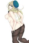  ass atago_(kantai_collection) black_legwear blonde_hair blush breasts crotch_seam green_eyes hat kantai_collection large_breasts long_hair looking_at_viewer looking_back nipples pantyhose simple_background smile solo spanking_momoko thighband_pantyhose topless undressing white_background 