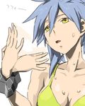  1girl baariya bikini blue_hair breasts drawr fanning hands original solo sweat swimsuit yellow_eyes 