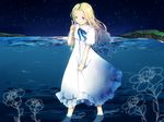  barefoot blonde_hair clothes_grab dress flower highres houmatsu_musume index_finger_raised long_hair looking_at_viewer marnie night night_sky omoide_no_marnie puffy_short_sleeves puffy_sleeves ribbon short_sleeves sky solo star_(sky) starry_sky wading water white_dress 