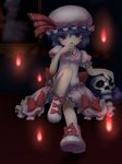  bat_wings blue_hair bow hat highres looking_at_viewer mob_cap red_eyes remilia_scarlet short_hair sitting skull solo tongue tongue_out touhou wings zimajiang 