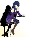  bar_stool blue_eyes blue_hair blue_legwear boots chin_rest commentary cosplay cup dh_(brink_of_memories) female_protagonist_(persona_3) female_protagonist_(persona_3)_(cosplay) hair_between_eyes highres long_hair off_shoulder official_style persona persona_3 persona_3_portable persona_4 persona_x_detective plaid plaid_skirt shadow shirogane_naoto signature sitting skirt solo stool sweater teacup thighhighs 