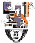  1girl bangs bowl building collared_shirt commentary_request flat_color hand_on_hip hat holding holding_bowl long_sleeves orange_shirt original shirt side_ponytail sign simple_background solo telephone_pole white_background yokotakumi 