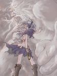  1girl absurdres blue_hair boots cloud hi-yo highres hoop kumoi_ichirin long_hair open_mouth ponytail profile sketch standing touhou unzan 