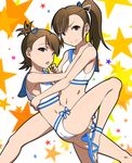  ass bare_shoulders bikini brown_eyes brown_hair doyagao futami_ami futami_mami high_heels highres idolmaster idolmaster_(classic) leg_lift legs long_legs midriff multiple_girls navel open_mouth puge sailor_bikini sailor_collar sailor_swimsuit_(idolmaster) sandals siblings side_ponytail smile star strappy_heels swimsuit twins 