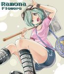  adjusting_goggles bag beanpaste between_breasts boots bracelet breasts brown_eyes character_name choker goggles green_hair head_tilt jewelry open_mouth ramona_v_flowers scott_pilgrim shirt short_hair shorts smile solo strap_cleavage t-shirt warhammer weapon 