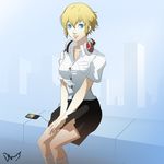  1girl aegis aegis_(persona) blonde_hair blue_eyes dh_(brink_of_memories) digital_media_player headphones highres humanization kuma_(persona_4) persona persona_3 persona_4 personification short_hair signature sitting skirt smile solo 