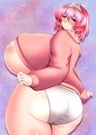  1girl ass blush breasts curvy female gigantic_breasts gomesu hat highres huge_ass huge_breasts looking_back panties pink_hair plump saigyouji_yuyuko short_hair solo touhou triangular_headpiece underwear white_panties wide_hips 