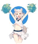  1girl alternate_costume animal_ears armpits arms_up cheerleader commentary_request fang highres inubashiri_momiji jumping junwool looking_at_viewer midriff navel open_mouth panties pom_poms red_eyes short_hair simple_background smile solo tail touhou underwear white_hair white_panties wolf_ears wolf_tail 
