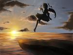  backlighting camera cliff cloud dress flying geta hat highres horizon hujitaumi ocean profile shameimaru_aya short_hair silhouette skirt sky solo sunrise tokin_hat touhou water wings 