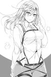  blush breasts christa_renz cowboy_shot dress_shirt greyscale hair_between_eyes long_hair looking_at_viewer medium_breasts monochrome navel shingeki_no_kyojin shirt smile solo spanking_momoko three-dimensional_maneuver_gear 