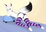  2014 all_fours back_turned big_ears blue_eyes blush bubble_butt bulge canine clothing collar crossed_arms fennec fox fur girly hair hindpaw lazylogic legwear lehran looking_back male mammal paws stockings striped_stockings thigh_highs topless underwear white_fur 