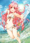  :d barefoot bikini blush breasts cleavage digital_media_player earbuds earphones fang front-tie_top full-face_blush hair_ornament heart heart-shaped_pupils highres konno_takashi long_hair looking_at_viewer navel open_mouth original pink_hair red_eyes revision side-tie_bikini small_breasts smile solo swimsuit symbol-shaped_pupils 