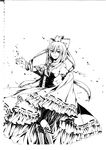  absurdres boots bow cross-laced_footwear dress dress_lift frills front_ponytail greyscale hair_bow hair_ribbon highres hujitaumi kagiyama_hina long_hair looking_at_viewer monochrome ribbon smile solo touhou wrist_ribbon 