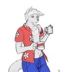  andrew arctic_fox canine coffee common_grounds cup five_fingers flower fox fur hair hawaiian_shirt invalid_tag jeans lengrey male mammal plain_background red_shirt sleepy solo white_background white_fur white_hair 