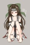  barefoot black_gloves blush bow brown_hair forehead_protector full_body gloves hair_bow hair_intakes highres jintsuu_(kantai_collection) kantai_collection knees_to_chest leg_hug long_hair looking_down necktie red_eyes remodel_(kantai_collection) simple_background sitting solo soukitsu tears 