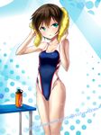  black_hair bottle competition_swimsuit green_eyes highres mizugensui one-piece_swimsuit original solo standing swimsuit towel water_bottle 