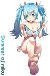  aqua_eyes aqua_hair bad_feet bare_legs barefoot bikini bikini_top_removed breasts collarbone english full_body hatsune_miku heart_cutout knees large_breasts long_hair looking_at_viewer open_mouth side-tie_bikini sigetch simple_background soles solo striped swimsuit toes topless twintails vertical-striped_bikini vertical_stripes vocaloid white_background 