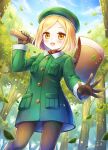 1girl :d axe beret blonde_hair blue_sky blush cannan cloud day fate/grand_order fate_(series) forest gloves green_hat green_jacket hat highres jacket leaf looking_at_viewer nature official_art open_mouth outdoors over_shoulder pantyhose paul_bunyan_(fate/grand_order) pocket short_hair sky smile standing yellow_eyes 