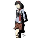  amagi_yukiko arms_behind_back black_hair brown_eyes commentary cosplay dh_(brink_of_memories) female_protagonist_(persona_3) female_protagonist_(persona_3)_(cosplay) hairband highres kneehighs long_hair official_style persona persona_3 persona_3_portable persona_4 scarf signature skirt solo striped striped_legwear white_background 