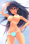  bikini black_hair blue_eyes breasts fang fuyube_rion ganaha_hibiki hand_on_hip idolmaster idolmaster_(classic) large_breasts long_hair nipples one_eye_closed open_mouth ponytail side-tie_bikini solo swimsuit tan tanline topless 